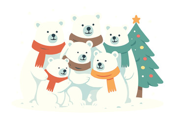 Vector illustration of cute cartoon Christmas bears, including mom and baby, in flat style, featuring a winter forest with trees, gifts, and bears, suitable for holiday prints