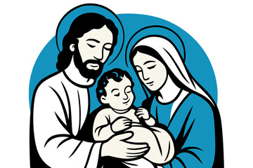 Obraz premium Hand drawn vector illustration of the Christmas story, featuring Mary, Joseph and the baby Jesus, the Son of God and symbol of Christianity