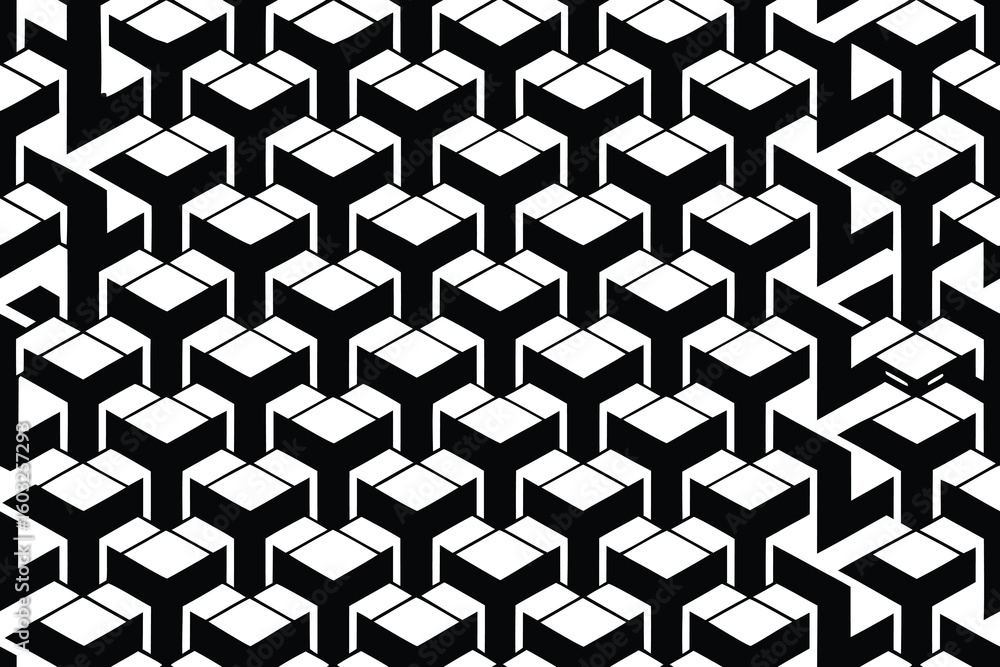 Poster abstract geometric black and white isometric pattern design featuring interlocking three dimensional