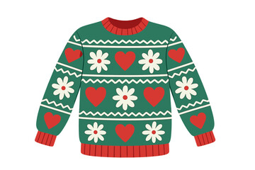 Scandinavian style knitted background with ugly sweater and Merry Christmas ornament in a seamless frame border