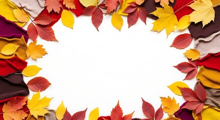 Vibrant autumn leaves bordering a white copy space for text