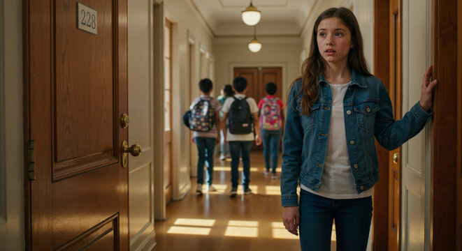 A young girl nervously walks down a school hallway on her first day of classes meeting new students and teachers.