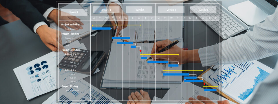This image captures a detailed project management overview, showcasing a Gantt chart and teamwork discussions, perfect for illustrating effective planning and execution strategies. Amity