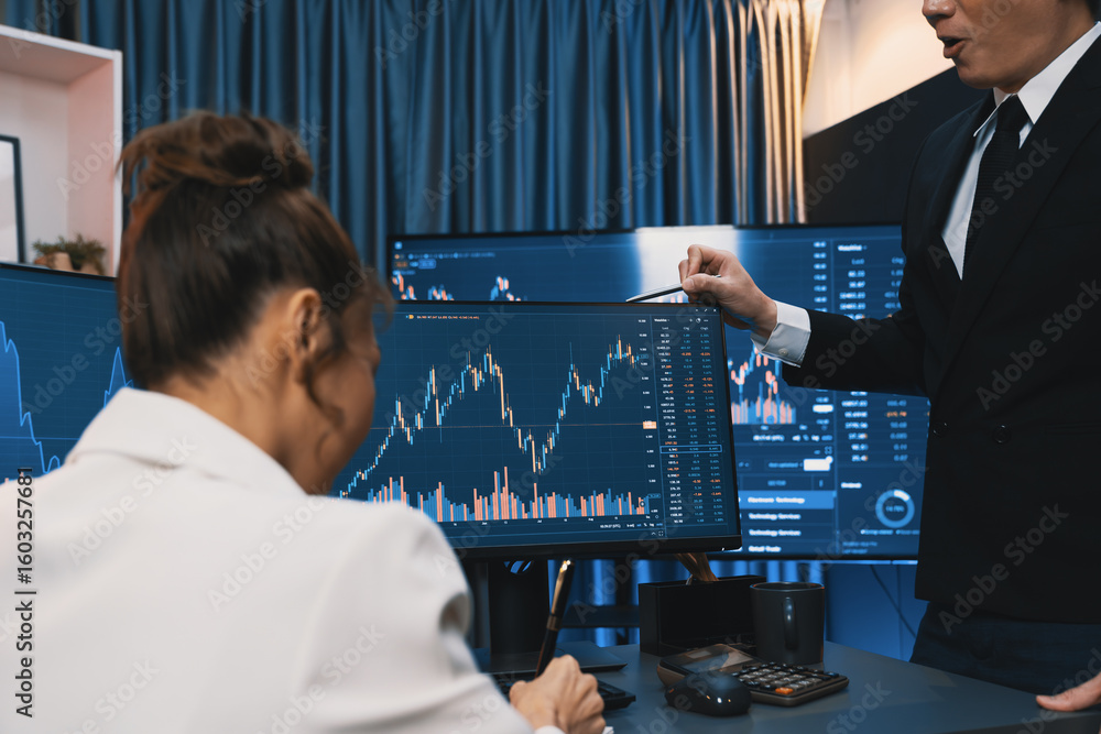 Poster trading business partners discussing on dynamic stock exchange statistic on pc screens taking note o
