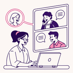 Happy young woman video conferencing with colleagues; cheerful online team meeting; modern minimalist line art illustration.
