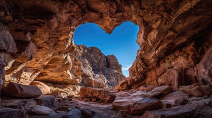 Heart-shaped cave opening to a vibrant blue sky.