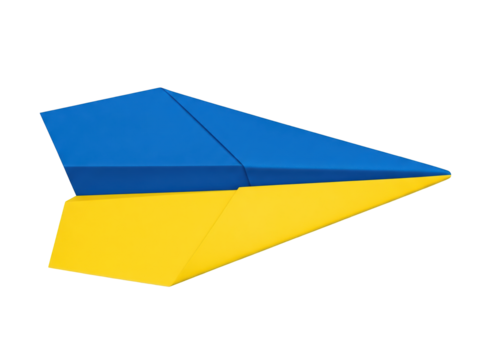 Ukrainian flag paper airplane, blue on top, yellow on bottom. Neatly aligned, clean paper texture, transparent background.