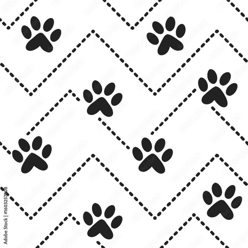 Poster black and white paw prints and zigzag dotted lines forming a seamless repeating pattern background s