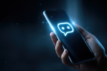 Hand holding smartphone with bright neon chatbot or message icon on screen symbolizing concept of communication artificial intelligence technology support and innovation