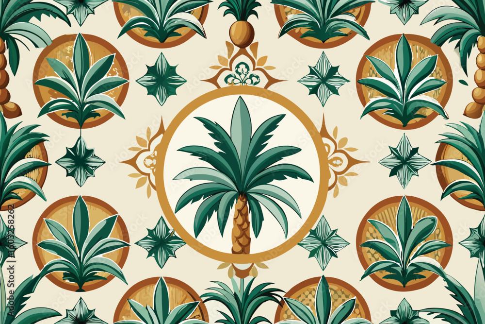 Poster decorative tropical foliage pattern with palm trees and leafy elements creating a seamless design fo
