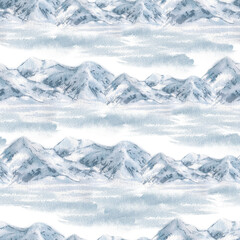 Obraz premium Winter mountain seamless background of delicate snowy peaks and frosty ridges in muted blues watercolor isolated. Minimalist rocky landscape repeat pattern hand drawn for designs Christmas packaging.