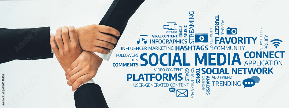 Poster a dynamic visual of hands representing collaboration and unity, surrounded by a creative word cloud 