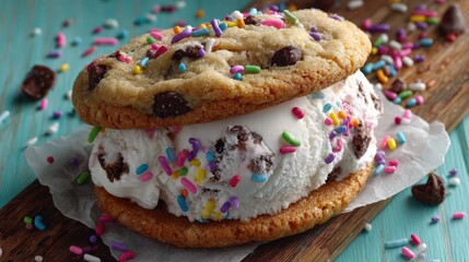 Chocolate Chip Cookie Ice Cream Sandwich with Sprinkles