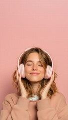 Fototapeta na wymiar Young woman enjoying music with pink headphones. Smiling young woman with closed eyes listening to music on pink headphones against pastel background