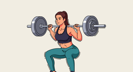 Obraz premium Fitness and strength training concept with a woman performing a heavy barbell squat exercise illustration