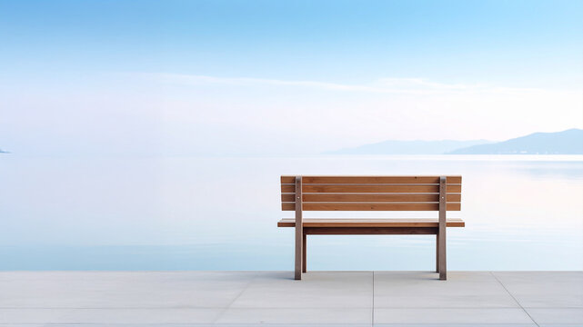 A solitary wooden bench with metal supports sits on a light-colored tiled surface overlooking a vast, misty lake and distant mountains under a clear blue sky, suggesting a peaceful and contemplative v - Powered by Adobe
