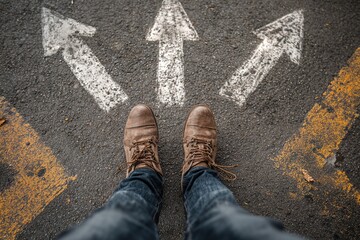 Human feet standing on asphalt with three chalk drawn arrows pointing in different directions symbolizing choice decision future opportunities and complexity of path