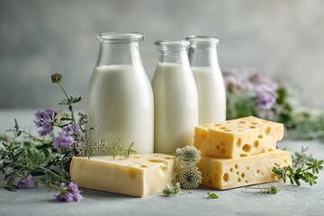 Three glass bottles of milk and several pieces of cheese with holes decorated with purple flowers creating composition symbolizing freshness natural products rural life and dairy products