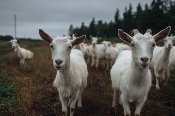 Fototapeta premium White goats at a dairy farm in Prince Edward Island Canada