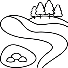 river with rocks and trees line art