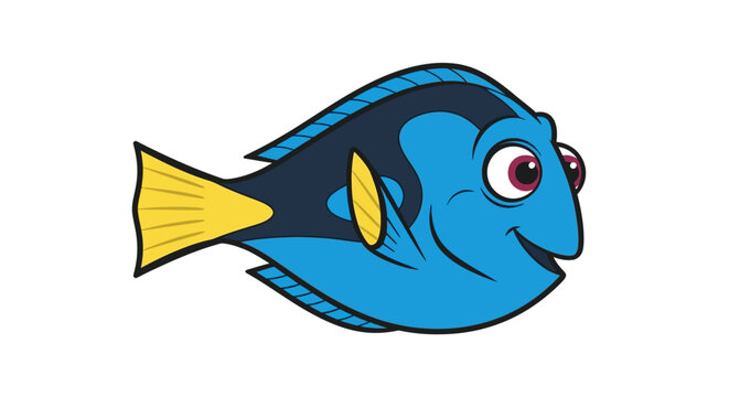 A cheerful blue tang fish character illustration, smiling friendly. Isolated vector graphic of a tropical regal tang for marine life themes.