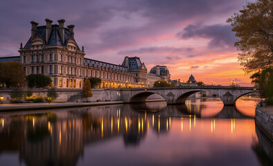Fototapeta premium Evening Light Illuminates Paris Bridge And Louvre Architecture Reflected In River At Vibrant Sunset