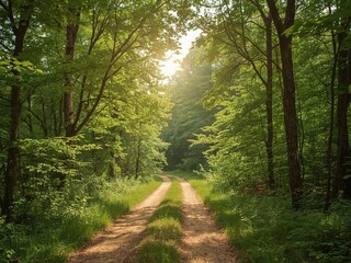 Escape to nature with this serene forest path bathed in sunlight for a peaceful outdoor journey