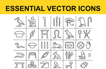 Egyptian Hieroglyph Icons Set Black Outline Egyptian hieroglyphs
