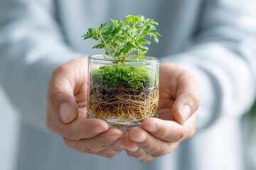Hands holding transparent glass container with small plant moss and visible roots symbolizing concepts of growth care ecology nature and sustainable development