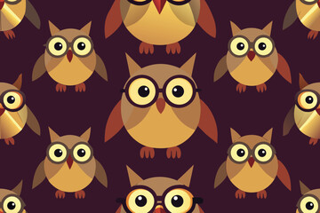 Fototapeta premium Playful and charming owl pattern with trendy glasses in warm brown and golden tones for various design applications and creative projects