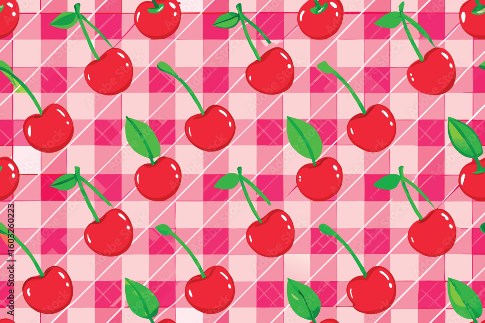Poster seamless cherry pattern with pink gingham background a delightful and fruity design element perfect 