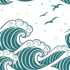 Seamless pattern of oceanic waves with seagulls and water droplets against a white background for decorative purposes