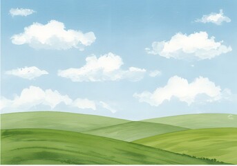 Fototapeta premium Watercolor Painting Rolling Green Hills Under a Blue Sky with Fluffy Clouds.