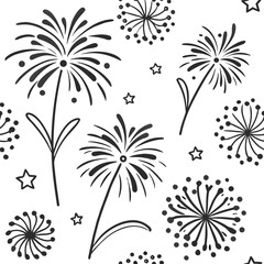 Simple black and white seamless pattern featuring hand drawn fireworks and star elements for various celebratory holiday occasions