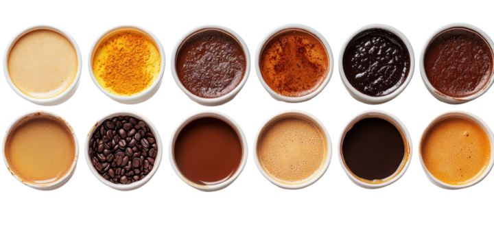 Top view of various cups of coffee, isolated on transparent background , cutout
