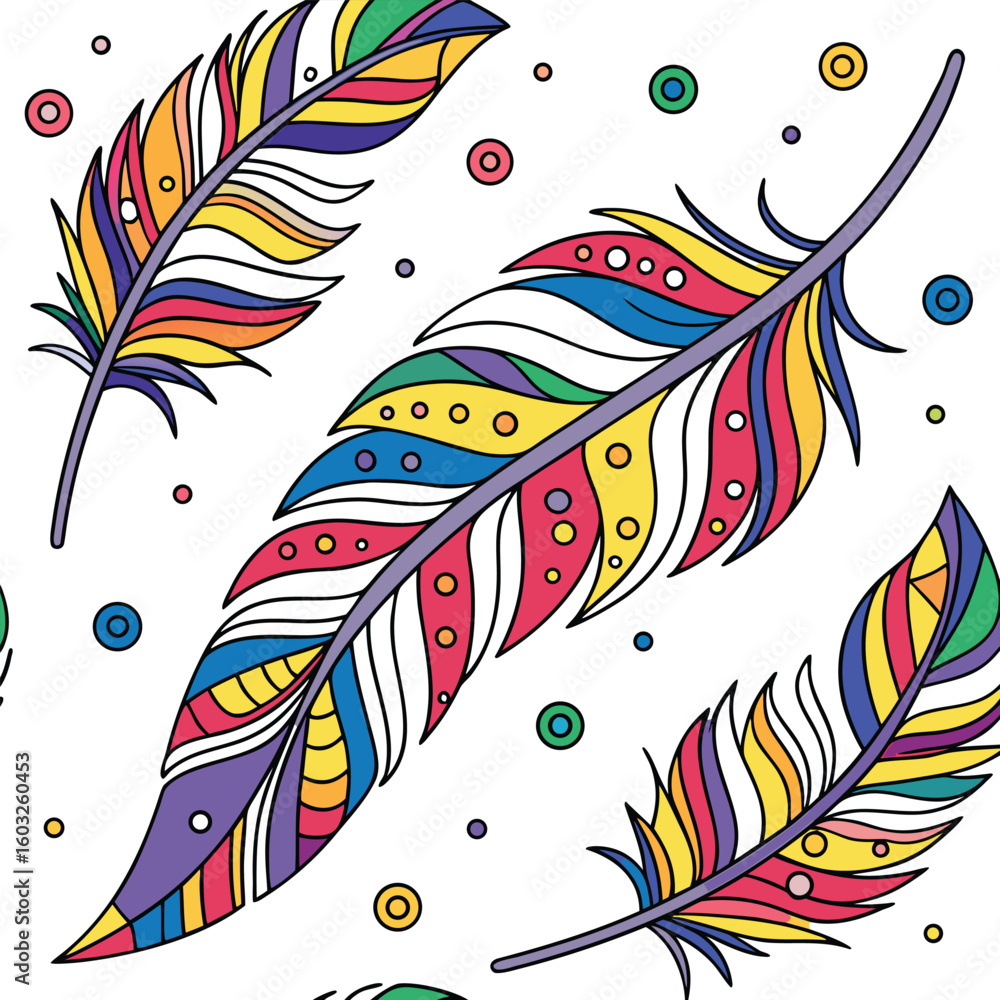 Poster vibrant and colorful hand drawn feather pattern on white background perfect for design projects and 