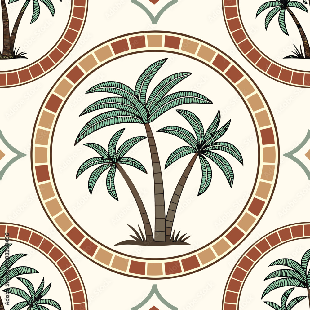 Poster vector seamless pattern design showcasing stylized palm trees within decorative circular frames on a