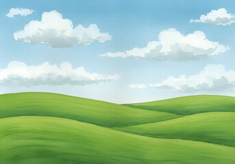 Fototapeta premium Cartoon rolling hills, blue sky, fluffy white clouds, nature landscape, serene scenery background.