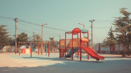 Naklejka premium An abandoned playground scorched beneath the blazing summer sun and intense midday heat