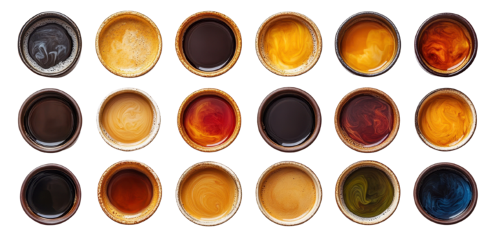 Top view of various cups of coffee, isolated on transparent background , cutout