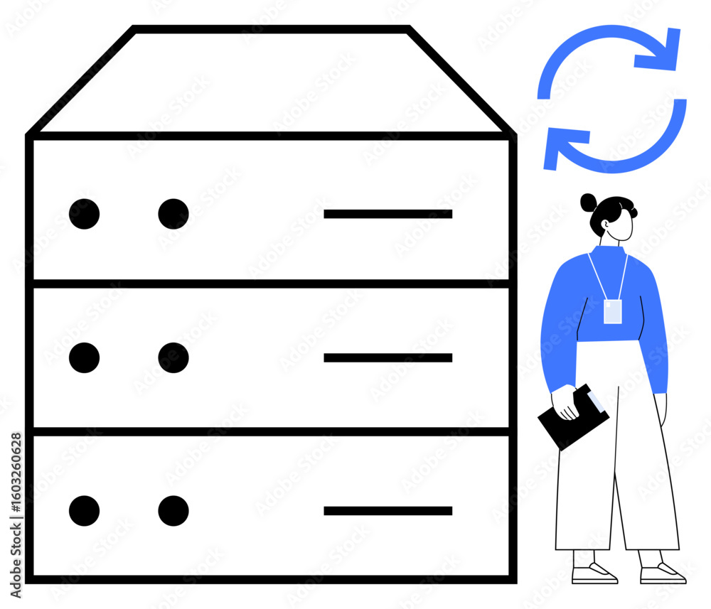 Poster server racks beside it professional holding a clipboard. update cycle icon. ideal for technology, da