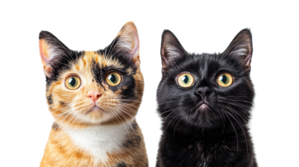 two funny assorted cats, close-up face of pets isolated on a white transparent background, cutout