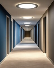 Empty hotel corridor with round lights