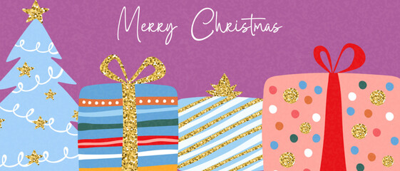 Bright Christmas banner with a tree and a stack of gifts. Holiday template for advertising, poster, banner.