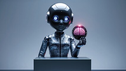 Advanced robot holding a glowing brain in a futuristic setting showcasing artificial intelligence and technology development