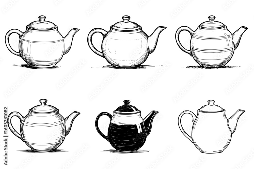 Poster various teapot designs in sketch style, isolated vector image on transparent background, image set