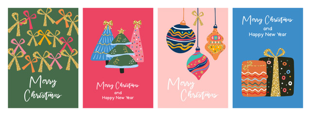 Set of vertical Merry Christmas and Happy New Year greeting cards with shiny bows, decorated trees and gift boxes.
