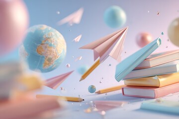 Abstract composition for education with flying paper airplane-pencils, books, globe, and balloons on a pastel background, symbolizing learning and creativity