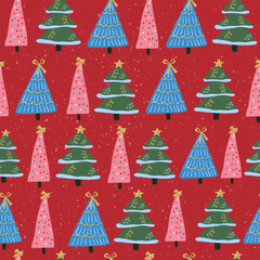 Seamless pattern with colorful Christmas tree on red glitter background. Festive winter print. For Christmas card design.
