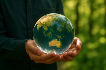 A photorealistic close-up of hands gently holding a transparent glass globe with detailed satellite imagery of Australia, Southeast Asia, and the Pacific region.